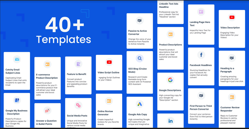 Over 40 psd templates on a blue background for Surfer SEO.
